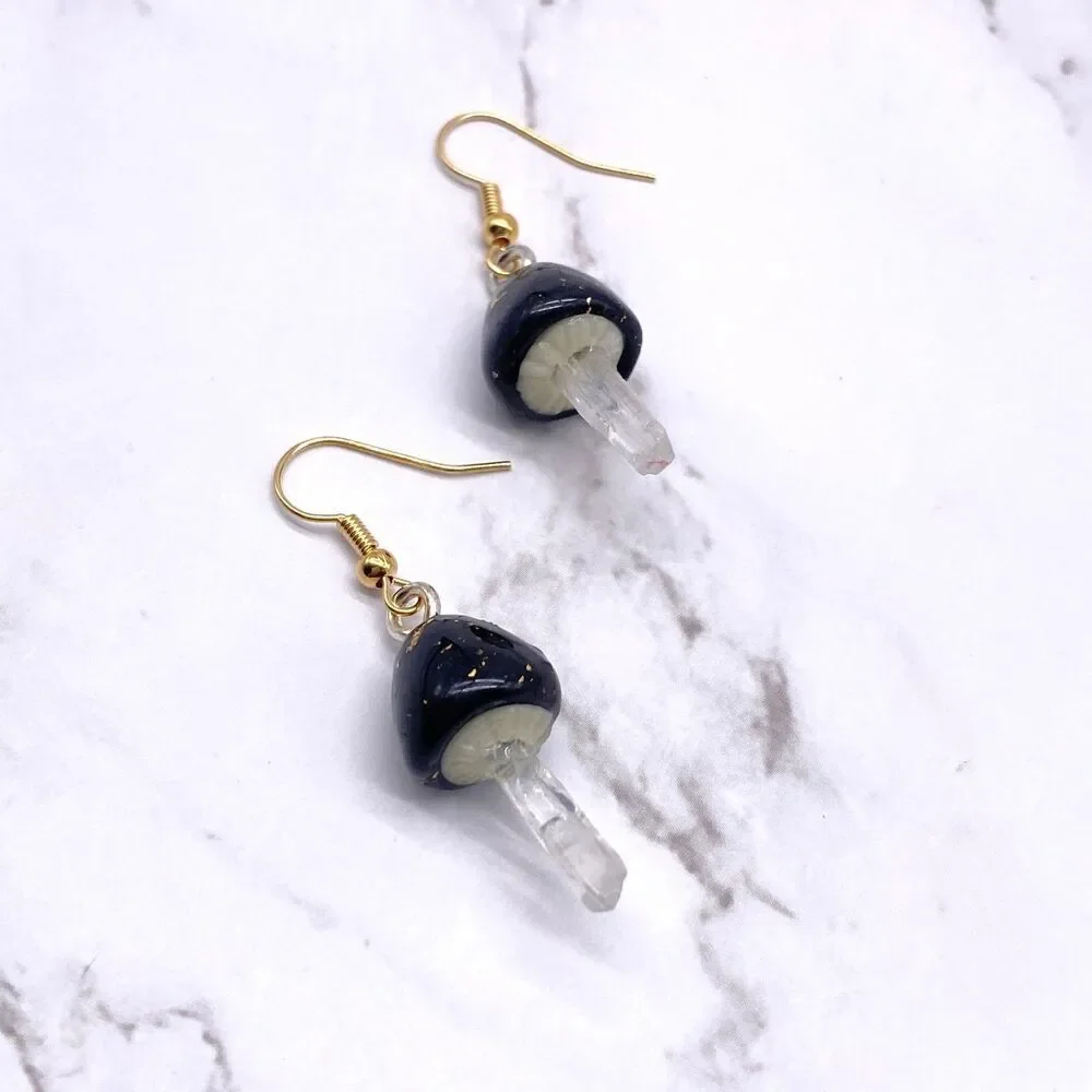 Black Mushroom Quartz Crystal Dangle wire hook polymer Clay Earrings